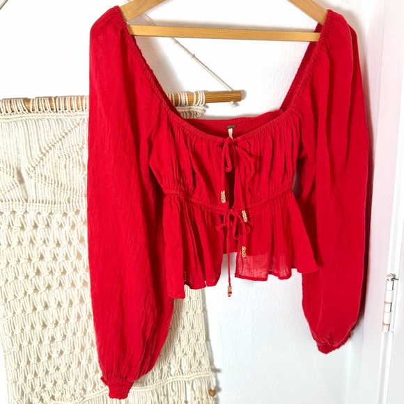 ✌🏼❤️ Free People Corset Medieval Bohemian Gypsy Red Women's Tie Hippie Top Small - Picture 8 of 8